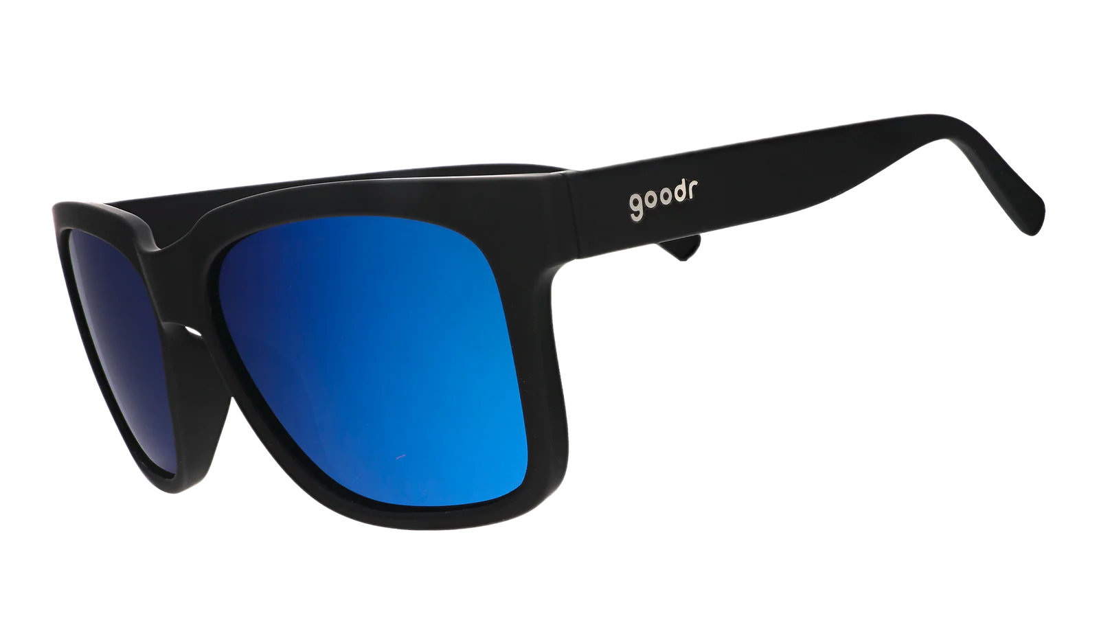Black sunglasses with blue reflective lenses. Water repellent and capable of floating.