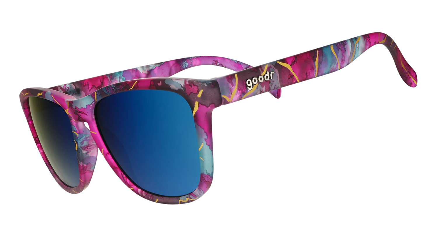 Multi-coloured sunglasses with a prominent gold line pattern. Pinks, purples, and blues on these square-shaped frames.