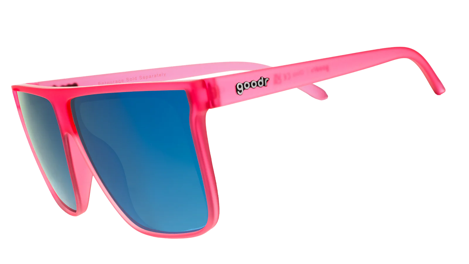 Hot pink sunglasses with mirrored reflective lenses in teal. Flat-top frames with a wider fit. No slip, no bounce, all polarised.