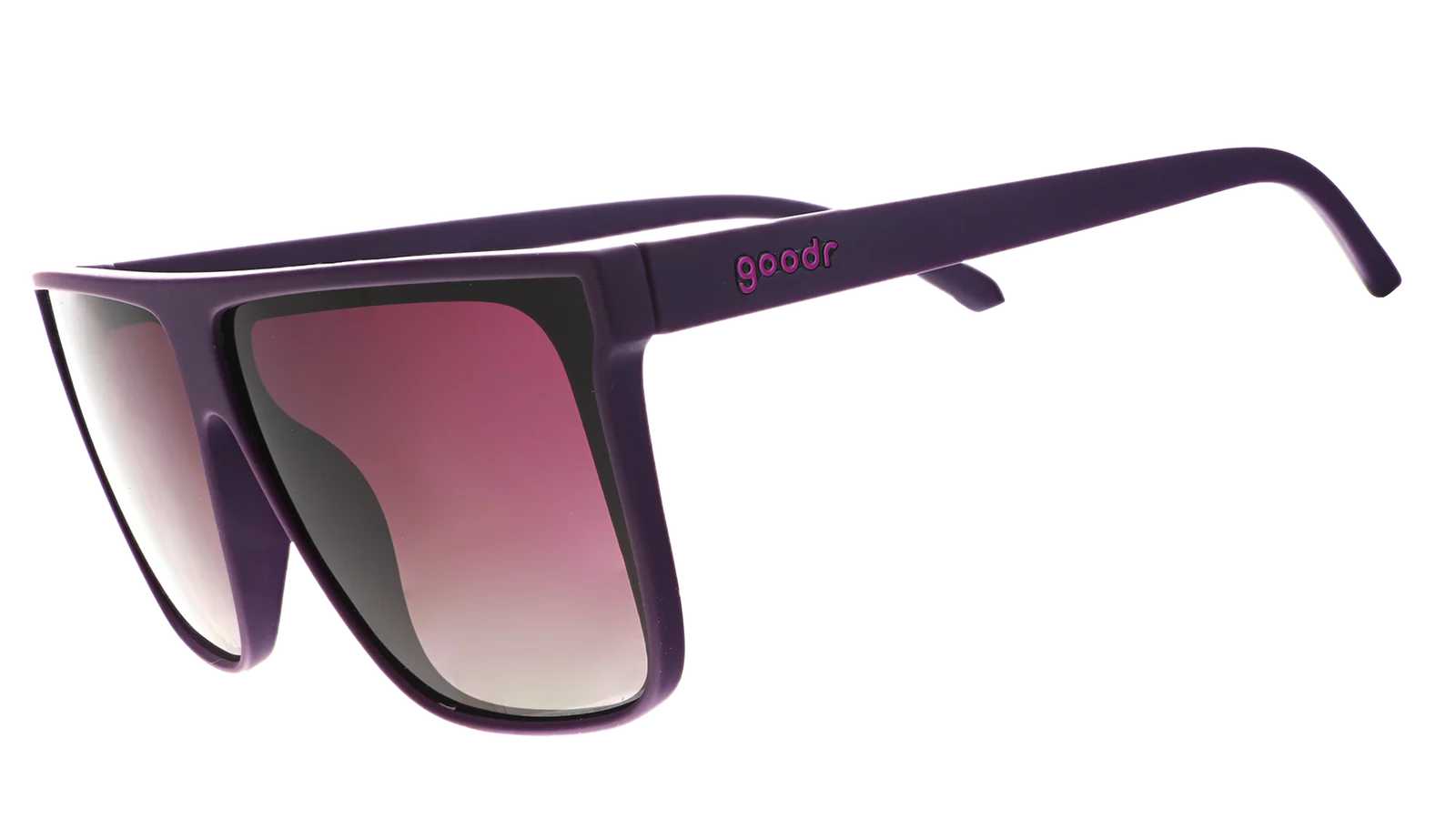 Oversized flat-top dark purple sunglasses with gradient lenses. No slip, no bounce, all polarised.