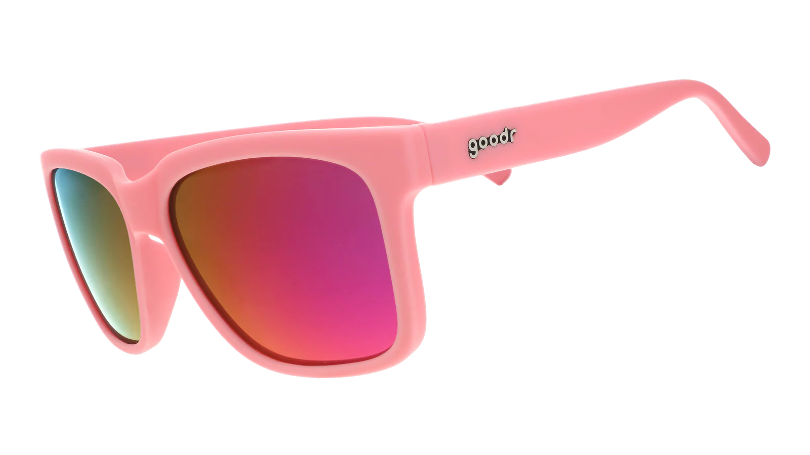 Pink sunglasses with mirrored reflective lenses. Water repellent and capable of floating.