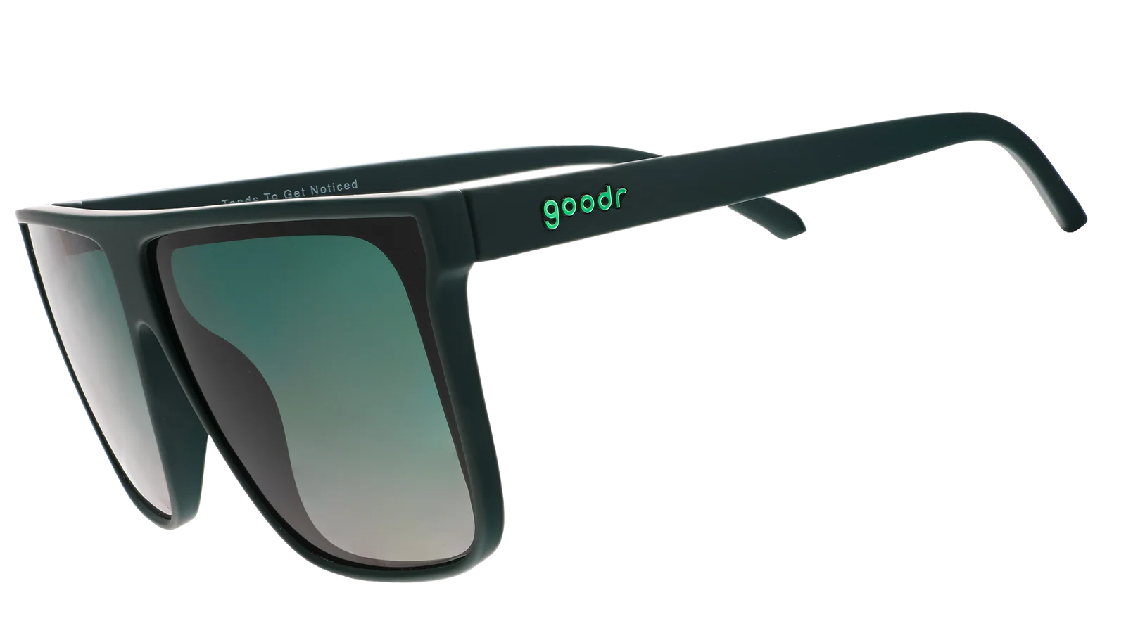 Dark green oversized, flat-top sunglasses with gradient lenses to improve ground visibility. No slip, no bounce, all polarised.